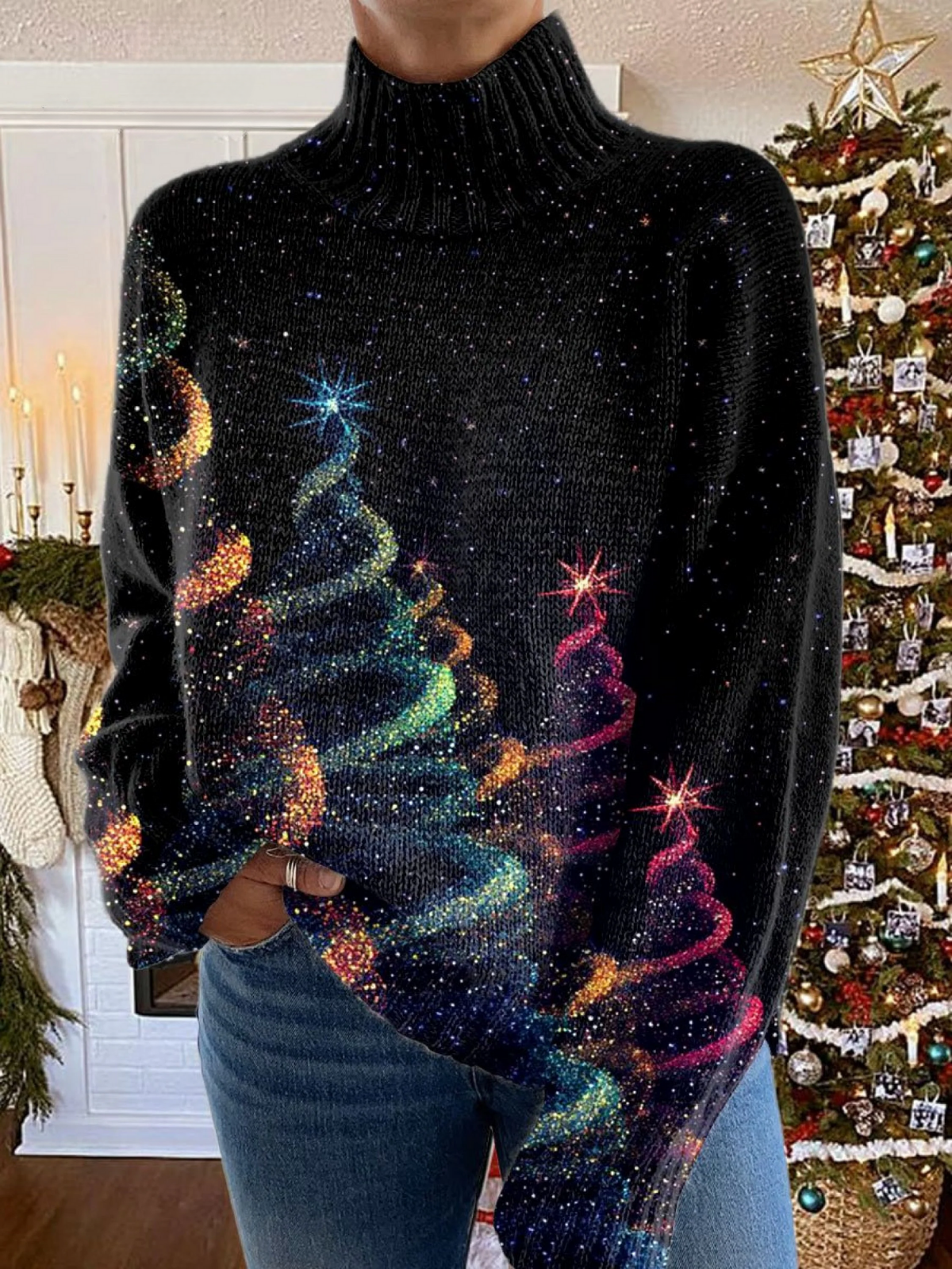 Sweater with a glitter Christmas tree print