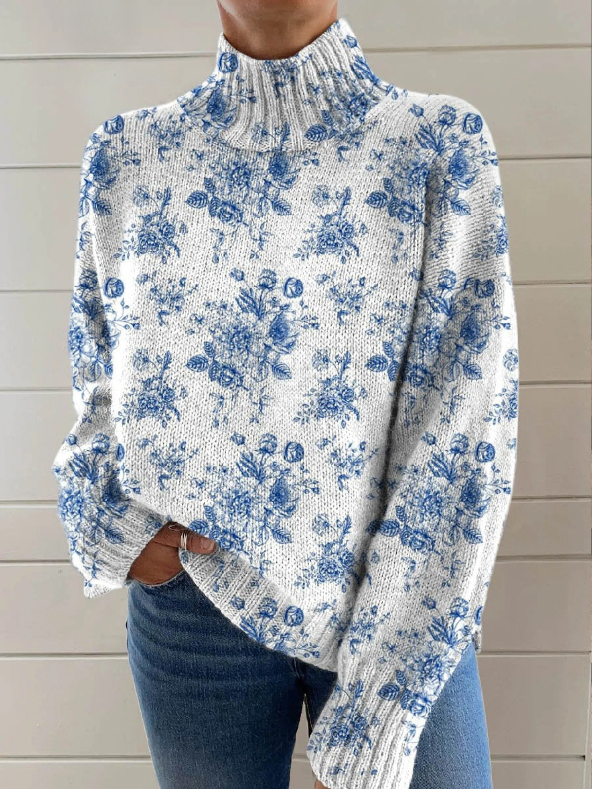 Charming floral pattern - artistic print on a turtleneck sweater