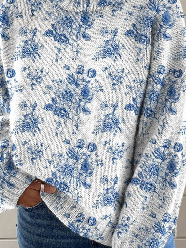 Charming floral pattern - artistic print on a turtleneck sweater