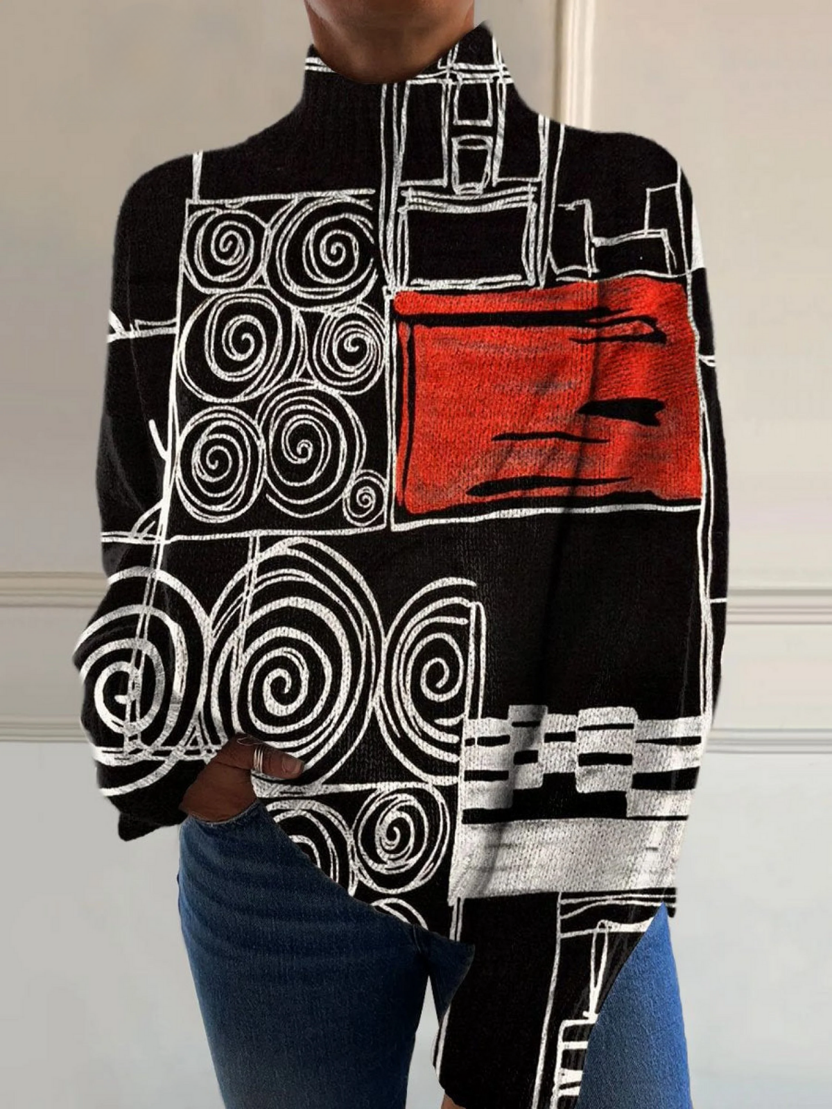 Abstract print of a color block on a turtleneck sweater