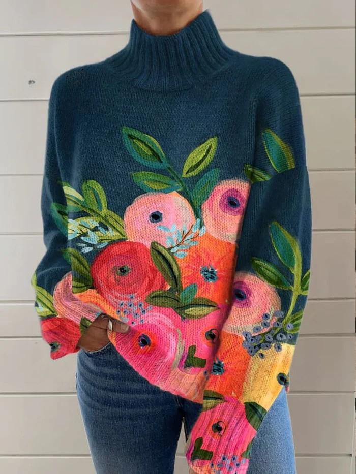 Sweater with Retro Floral Pattern and Turtleneck