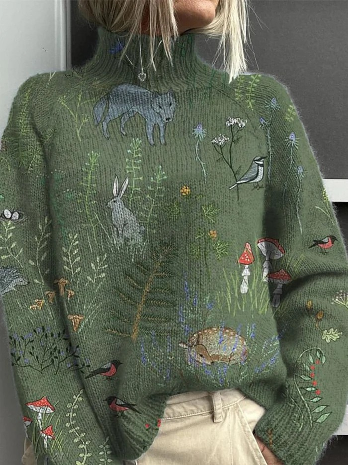Sweater with forest and animal print, knitted, with a turtleneck